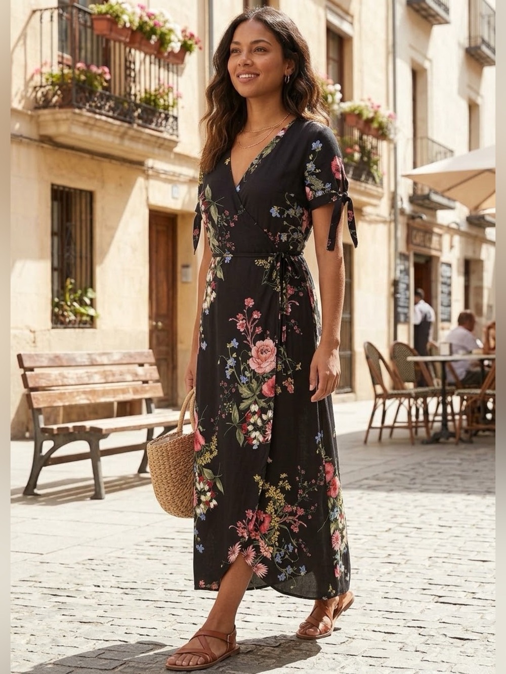 Floral Wrap Maxi Dress - Black with Pink & Green Floral size M